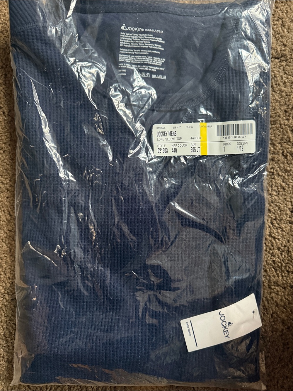Jockey Men’s Tall Long Sleeve Waffle Crew Blue Size LT New in Package
